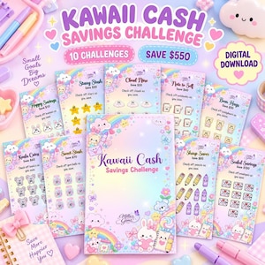 Savings Challenge Printable, Kawaii Budget Bundle with 10 Trackers to Save 550
