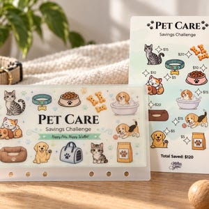 May include: A horizontal and a vertical Pet Care Savings Challenge card featuring illustrations of cats, dogs, pet food, and accessories. The cards include text such as Pet Care, Savings Challenge, Happy Pets, Happy Wallet, and Total Saved: $120.