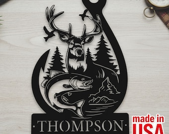 Personalized Deer & Fish Metal Wall Sign, Family Name Outdoor Decor, Rustic Wildlife Art, Hunting Wall Art , Cabin Metal Sign, Outdoor Sign