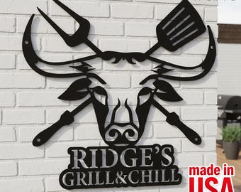Personalized Bull Grill Metal Sign, Custom Grill & Chill Wall Art, BBQ Decor, Grilling Gift, Outdoor Kitchen Wall Sign,Kitchen Wall Sign