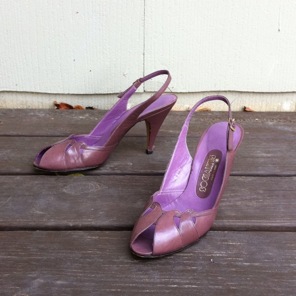 size 8.5 1980s vintage mauve leather peeptoe heels 38.5