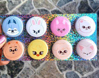 STRAY KIDS Skzoo Rainbow Holographic Glossy Metal 1.25 Inch Buttons KPOP Set of 8 (Entire Group) or Individual Buttons