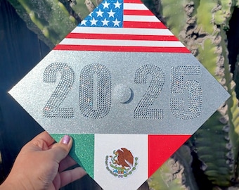 Cultural Rhinestone Mexican American Graduation Cap Topper Glitter Cardstock Class of 2025 2026 Handmade Bedazzled Year 2 Flag Custom Unique