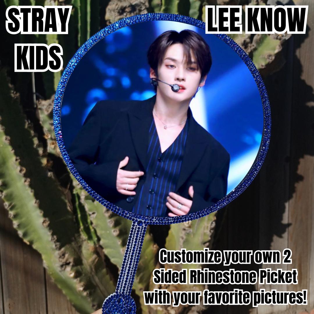 LEE KNOW Stray Kids Handmade Custom KPOP Rhinestone Handheld Picket Korean Fan Double Sided Concert Unique Sign (12.9 x 8.84 Inch) Lee Minho