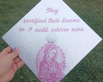 Our Lady of Guadalupe Graduation Cap Topper Virgin Mary Glitter Cardstock Class of 2025 2026 Virgin Maria Handmade Religious Grad Cap