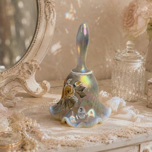 Fenton Hand-Painted Iridescent Opalescent Bell | Pink & Ivory Roses | Ruffled Edge Art Glass | Signed Collectible | Wedding Gift