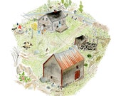 Casa de la granja de campo, arte de la cocina, impresión del baño, casa de la vieja Emma en la primavera - edición limitada impresión de la acuarela original - 11 " x 14"
