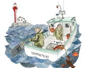 Lobster Fishing - Nautical Art Print, Boat Art, Yarmouth, Nova Scotia - Limited Edition Print of a Watercolour original -  8" x 10"