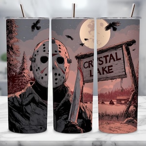 Camp Crystal inspirierte Tumbler Wrap PNG, Horrorfilm Fan 20 Unzen Wrap, Freitag die 13te Waldmaskenszene, Halloween Sublimationsdesign