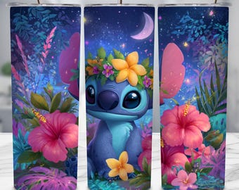 Stitc h Tumbler Wrap PNG, 20 Unzen Skinny Sublimationsdesign, blaue Alien Flower Cup Wrap, niedliches Cartoon Geschenk, digitaler Download, Sommer Cup