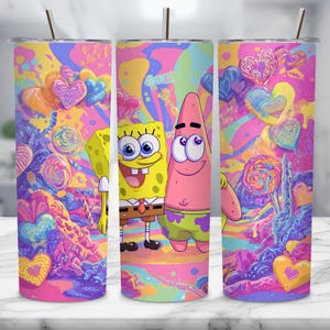 May include: A stainless steel tumbler featuring a vibrant, psychedelic design with SpongeBob SquarePants and Patrick Star. The colorful artwork includes heart-shaped candies and lollipops, with a straw and lid.