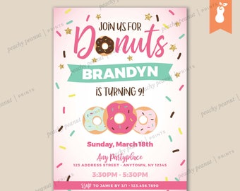 PRINTABLE | Donuts Birthday Sweet Celebration Invitation Pink Gold Glitter Chocolate Sprinkles | 4x6  5x7 | Custom Card