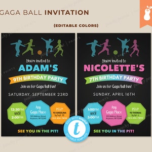 May include: Gaga Ball birthday party invitations with editable colors. The invitations feature a black background with colorful graphics of children playing Gaga Ball. Includes party details, time, location, and RSVP information.