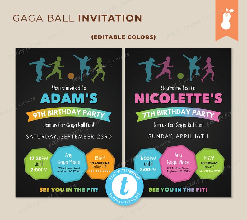 May include: Gaga Ball birthday party invitations with editable colors. The invitations feature a black background with colorful graphics of children playing Gaga Ball. Includes party details, time, location, and RSVP information.