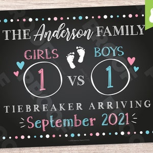 IMPRIMIBLE // Tiebreaker Embarazo Anuncio Signo Cartel Pizarra Huellas de Corazones de Bebé Esperando Revelación // 8x10 11x14 // Personalizado