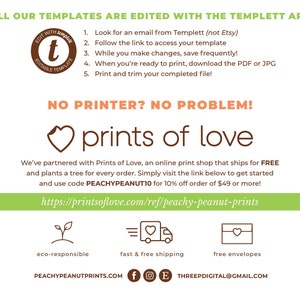以下が含まれることがあります： 「Prints of Love」というテキストと、注文ごとに木を植えるオンライン印刷ショップへのリンクが書かれた緑と茶色のグラフィック。グラフィックには、環境に配慮した取り組み、迅速で無料の配送、無料の封筒を表すアイコンも含まれています。