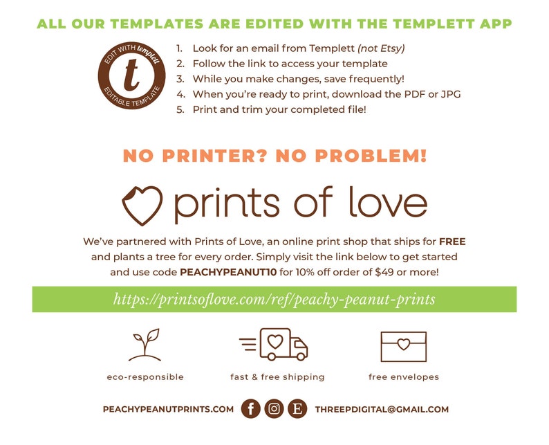 以下が含まれることがあります： 「Prints of Love」というテキストと、注文ごとに木を植えるオンライン印刷ショップへのリンクが書かれた緑と茶色のグラフィック。グラフィックには、環境に配慮した取り組み、迅速で無料の配送、無料の封筒を表すアイコンも含まれています。