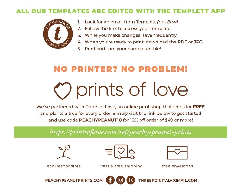May include: White background with text about editing templates using the Templett app. Instructions include downloading the PDF or JPG. The image also promotes Prints of Love, an online print shop, with a discount code.