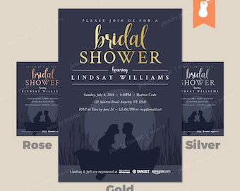 PRINTABLE | Bridal Shower Wedding Party Celebration Invitation Faux Foil Bride Groom Kiss | 4x6  5x7 | Customized Card | Gold Rose Silver