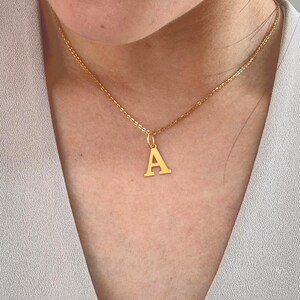 以下が含まれることがあります： 文字「A」のゴールドカラーのペンダントネックレス。ペンダントは繊細なチェーンから吊り下げられています。ネックレスは明るいグレーのトップスの上から着用されています。