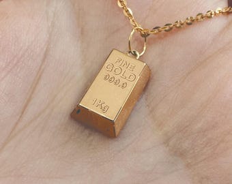 Gold Bar Pendant 14K : 3D Brick Necklace, Real Gold Fine Jewelry