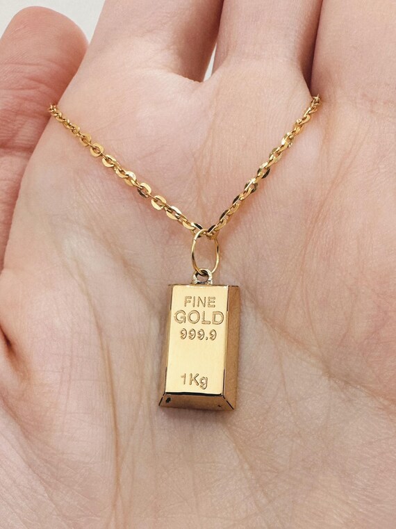 14K Gold Bar Pendant: 3D Bullion Necklace, Fine Jewelry
