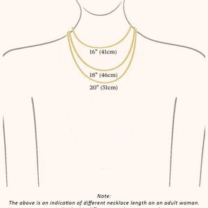 May include: Necklace length chart showing three different lengths: 16 inches (41 cm), 18 inches (46 cm), and 20 inches (51 cm).