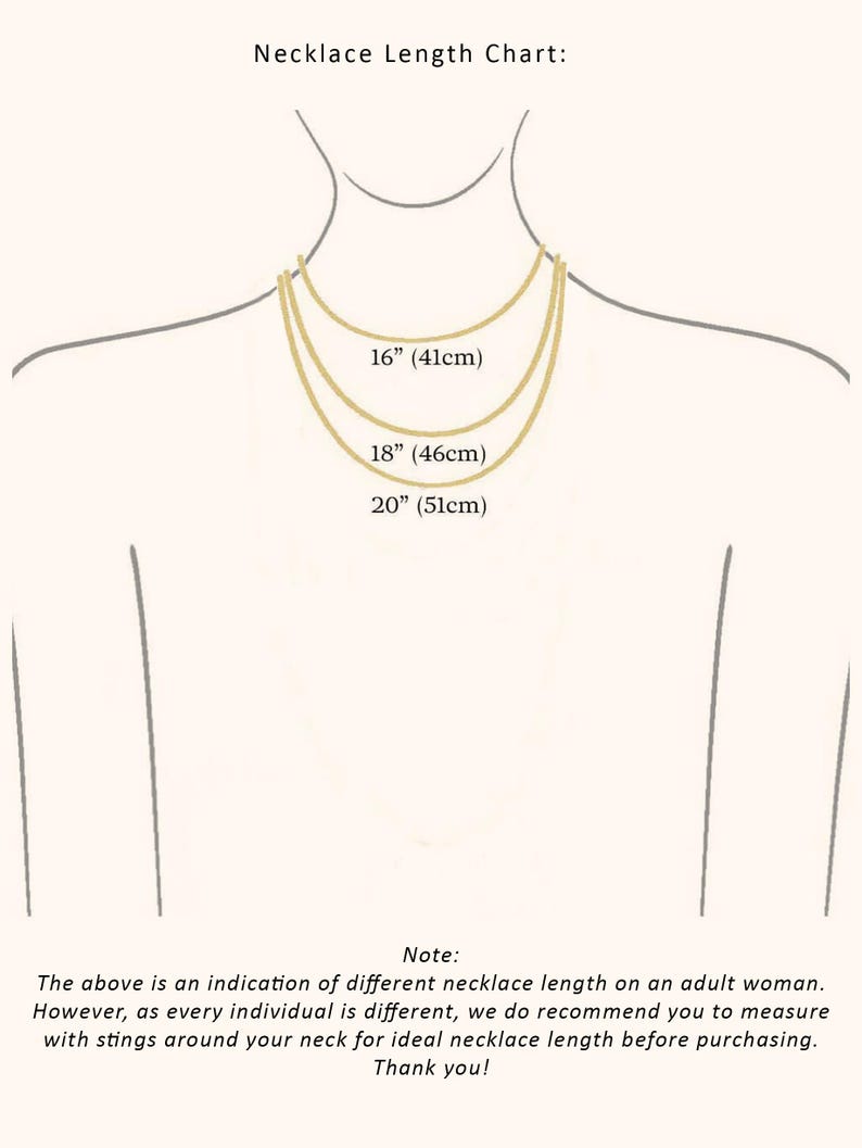 May include: Necklace length chart showing three different lengths: 16 inches (41 cm), 18 inches (46 cm), and 20 inches (51 cm).