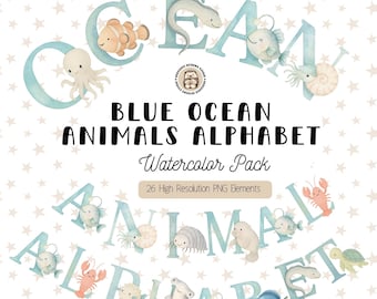 Blue Ocean Animals Alphabet Clipart, Watercolor Sea Creatures ABC Letters PNG, Boys Baby Shower Nursery Art (Commercial Use)