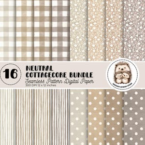 Puede incluir: Un conjunto de 16 papeles digitales de patrones sin costuras de estilo cottagecore neutro. Los patrones incluyen cuadros vichy, florales, rayas y lunares en tonos beige, marrón y gris. Los papeles miden 30.48 x 30.48 cm y 300 DPI. Incluye un logo con dos erizos.