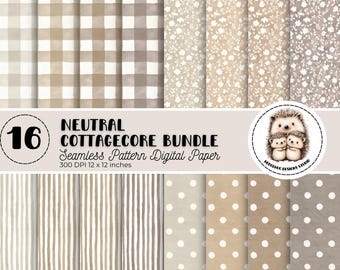 Neutral Cottagecore Digital Paper Pack: Gingham, Floral, Dots, Stripes Seamless Patterns (12x12" JPEG)