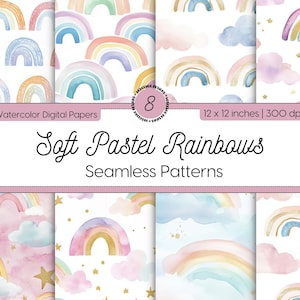 Könnte beinhalten: Satz mit acht digitalen Papiermustern mit weichen Pastellregenbögen, Wolken und goldenen Sternen auf weißem Hintergrund. Die Muster sind 30,5 cm x 30,5 cm groß und haben eine Auflösung von 300 dpi.