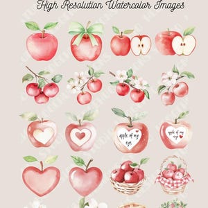 May include: Watercolor illustrations of red apples, some halved, with green leaves and blossoms. The image includes apples with heart-shaped cutouts and apples in baskets. Text reads "APPLE OF MY EYE" and "High Resolution Watercolor Images."