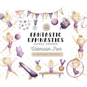 Clipart de acuarela de gimnasia, clipart de gimnasta, PNG morado de gimnasia, clipart de gimnasia rítmica, viga de equilibrio, pelota, cinta, medallas