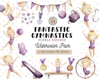 Watercolor Girls Gymnastics Clipart, Purple Gymnast & Equipment PNGs (Digital Download, Commercial Use)