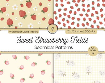Könnte beinhalten: Vier digitale Papierdesigns mit Aquarell-Illustrationen von Erdbeeren und Blumen. Die Papiere sind 30,5 cm x 30,5 cm groß und haben eine Auflösung von 300 dpi. Der Titel "Sweet Strawberry Fields Seamless Patterns Vol. 4" ist oben angezeigt.