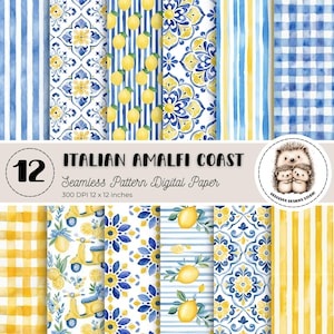 May include: A collection of 12 seamless digital paper patterns featuring Italian Amalfi Coast themes in blue and yellow. Designs include watercolor lemons, blue and white tiles, yellow scooters, stripes, and gingham checks, measuring 12 x 12 inches.