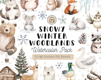 Snowy Winter Woodland Animals Clipart, Watercolor Forest Animal PNG Set, Winter Baby Shower Images, Christmas, Nursery Decor Graphics