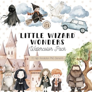 Niedliche kleine Zauberer Clipart, Aquarell Schule für Hexen & Zauberer Clipart, niedliche Kinder Fantasy PNG, kommerzielle Nutzung, digitaler Download