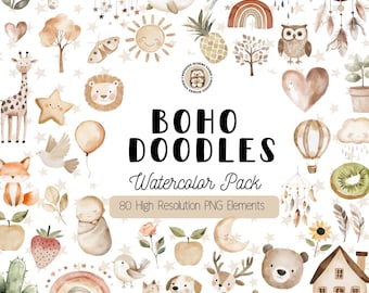 Boho Baby Watercolor Clipart, Nursery Animal Doodles, Cute Kids Art Images, Boho Baby Shower PNG, Minimalist Boho Graphics, Commercial Use