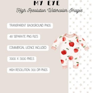 May include: Watercolor illustration featuring a baby onesie adorned with red apples and green leaves. The image includes text: "APPLE OF MY EYE" and details about transparent PNGs, file count, commercial license, and resolution.