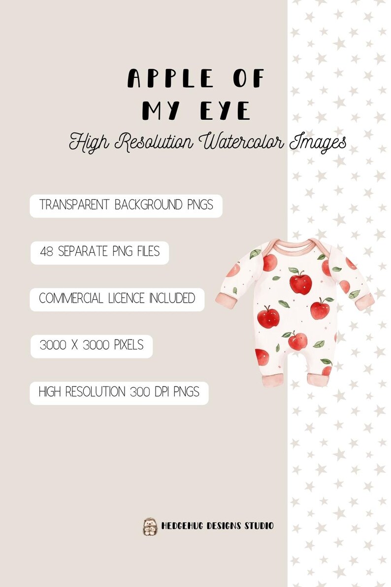 May include: Watercolor illustration featuring a baby onesie adorned with red apples and green leaves. The image includes text: "APPLE OF MY EYE" and details about transparent PNGs, file count, commercial license, and resolution.