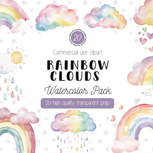 Puede incluir: Un conjunto de 20 imágenes de clipart de acuarela con nubes arcoíris, arcoíris y corazones. Las imágenes son perfectas para agregar un toque de fantasía a tus diseños.