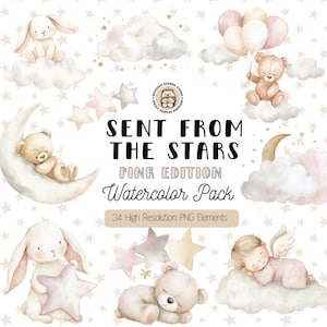 Clipart acquerello rosa per cameretta inviato dal cielo, PNG per baby shower, angelo, orsacchiotto, luna, stelle e nuvole, HDS-HS-01 (uso commerciale)