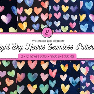 Bright Watercolor Hearts Seamless Patterns, Colorful Hearts with Dark Background Digital Paper Bundle, Bold Vibrant Romantic Design Backdrop