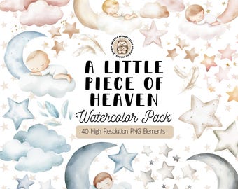 Watercolor Moon, Stars and Clouds Clipart: Neutral, Girl and Boy Baby Shower Images, Nursery Decor PNGs (Digital Download)