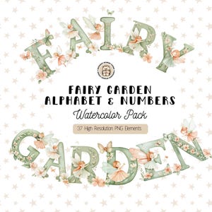 Clipart alphabet jardin féerique, aquarelle sauge lettres & chiffres PNG, police de caractère féerique lunatique Blush, lettrage floral, art de la chambre de A à Z et de 0 à 9 ans