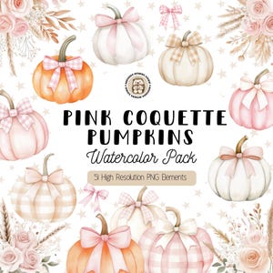 以下が含まれることがあります： ピンク、ピーチ、白の色合いの、リボンで飾られたカボチャの水彩イラスト。テキストには「Pink Coquette Pumpkins Watercolor Pack」と「51 High Resolution PNG Elements」と表示されています。