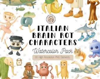 Italian Brainrot Clipart Bundle – Whimsical Nursery Watercolor PNG Set