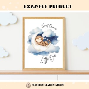 May include: A watercolor print featuring a cute monkey sleeping on a crescent moon with clouds and stars. The text "Sweet Dreams Little One" is written in cursive.